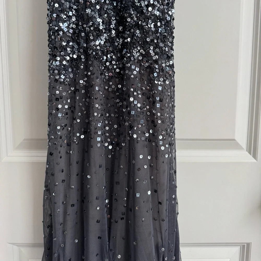 Nightway Sequined Halter Formal Gown Charcoal Gray Mesh Maxi Prom Dress 8 - Picture 14 of 14